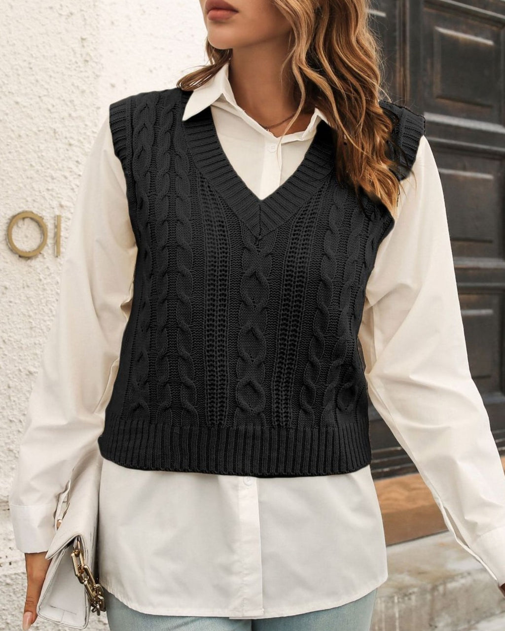 Cable Knit V Neck Sweater Vest - Black