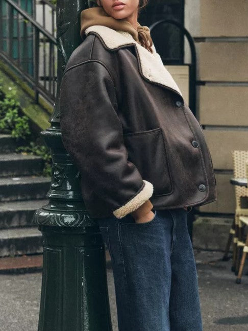 Faux Shearling Suede Aviator Jacket - Brown - 5