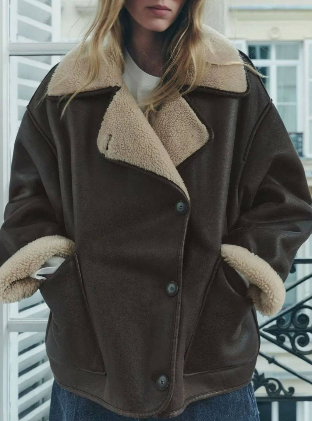 Faux Shearling Suede Aviator Jacket