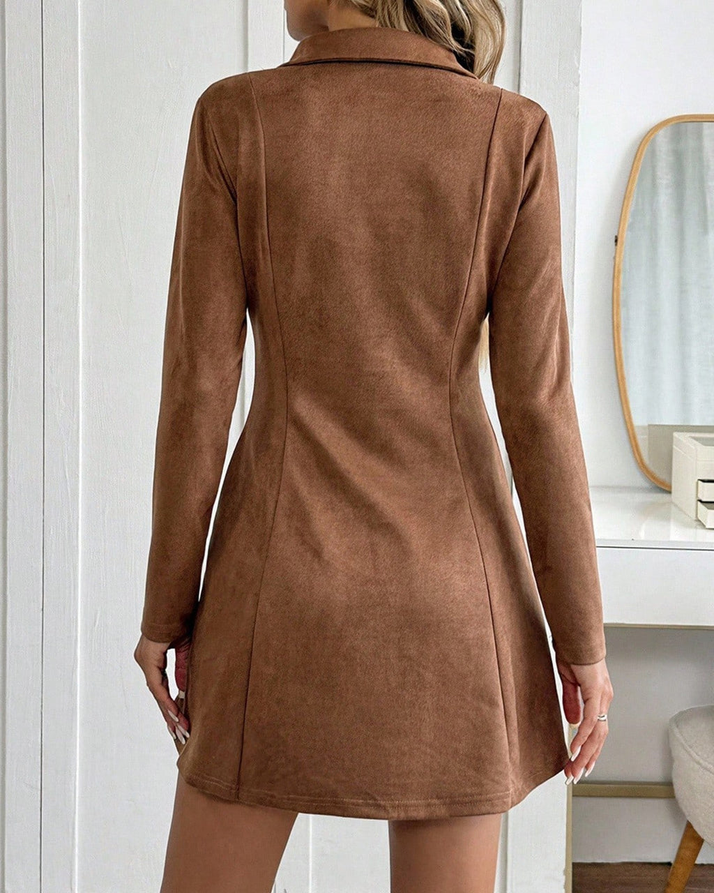 Faux Suede Collared Long Sleeve Mini Dress - Brown - 3