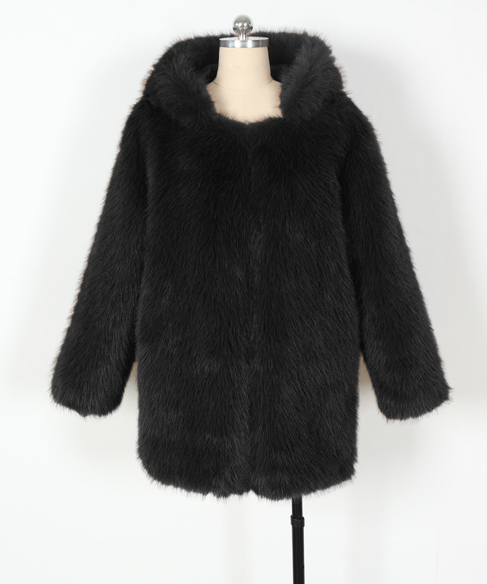 Hooded Faux Fur Coat With Ear Detail - Black