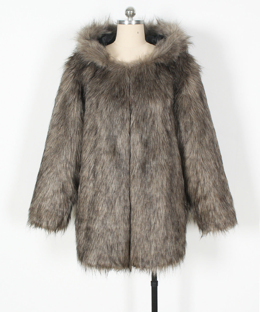 Hooded Faux Fur Coat With Ear Detail - Darkgrey