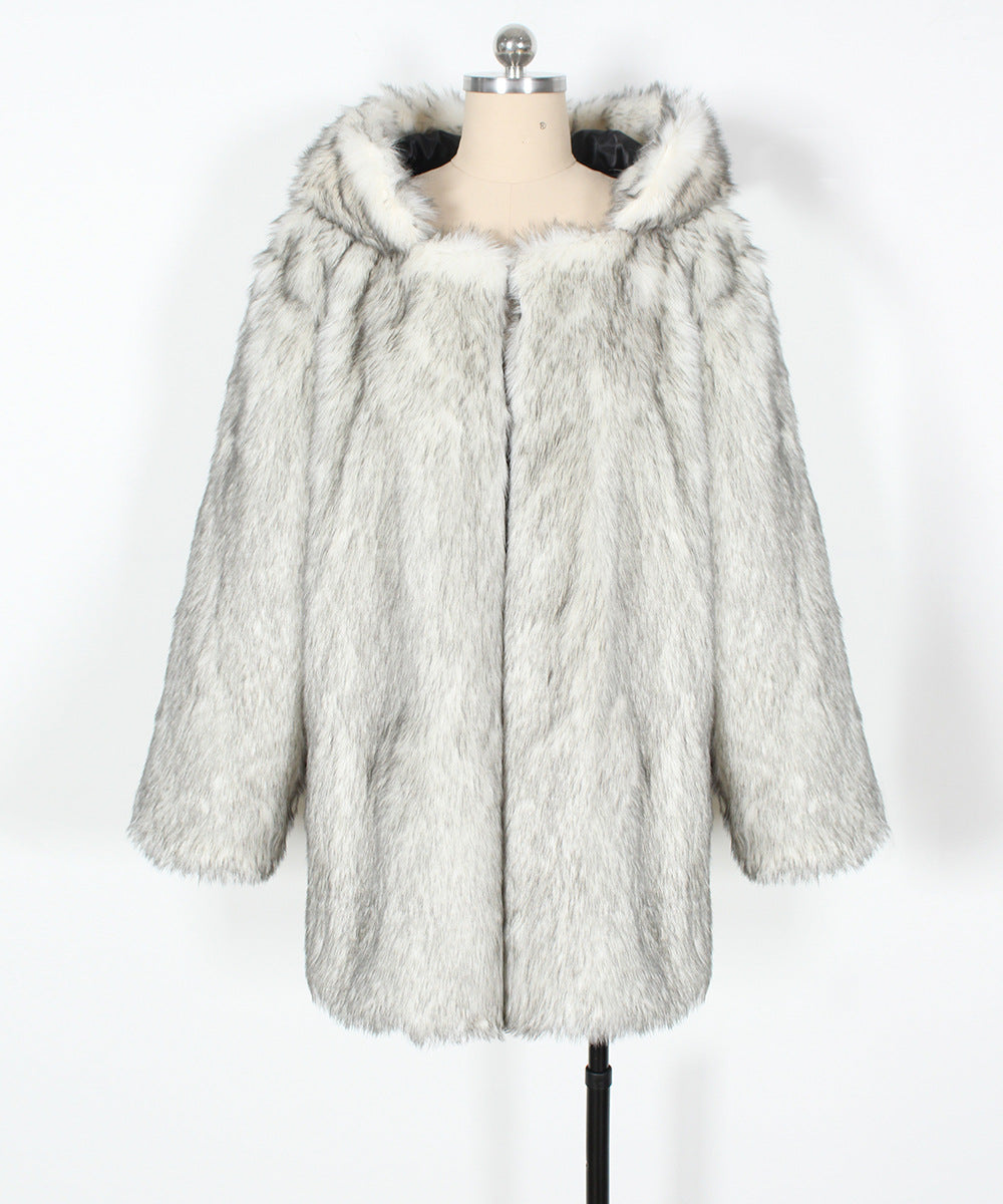 Hooded Faux Fur Coat With Ear Detail - White