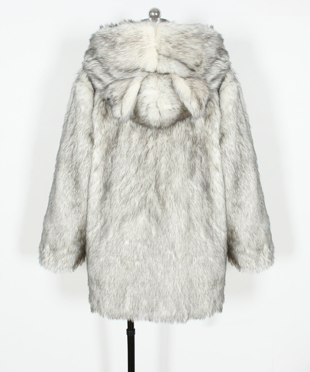 Hooded Faux Fur Coat With Ear Detail - White - 1