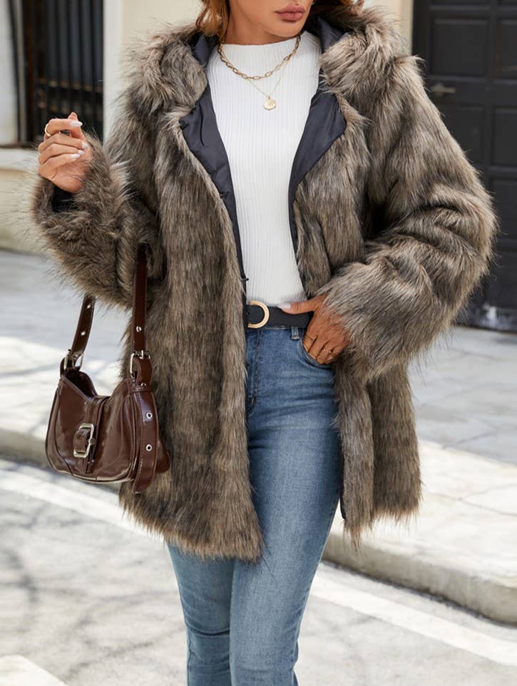 Hooded Faux Fur Coat With Ear Detail