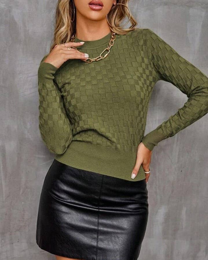 Waffle Texture Fitted Crew Neck Knit Top
