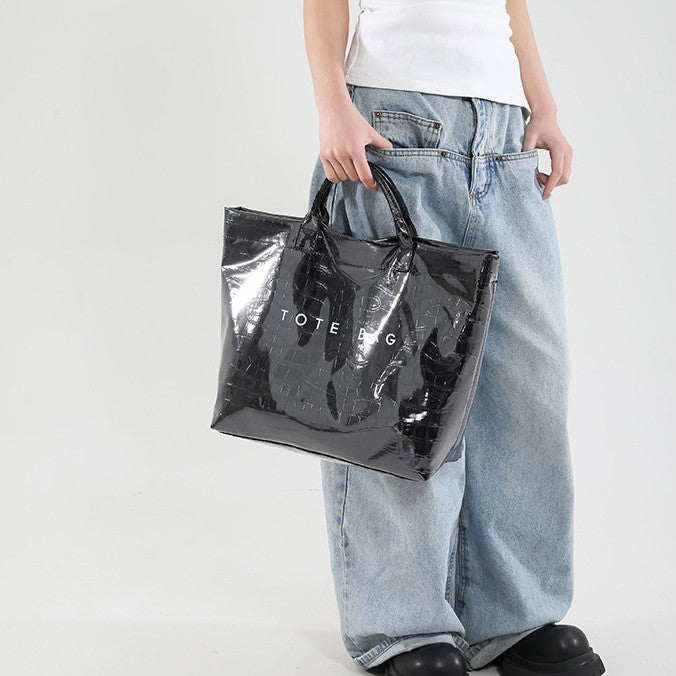 Glossy Croc-Embossed Oversized Shopper Tote - Tote Bag