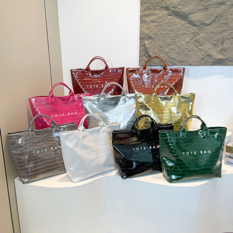 Glossy Croc-Embossed Oversized Shopper Tote - Colour Range