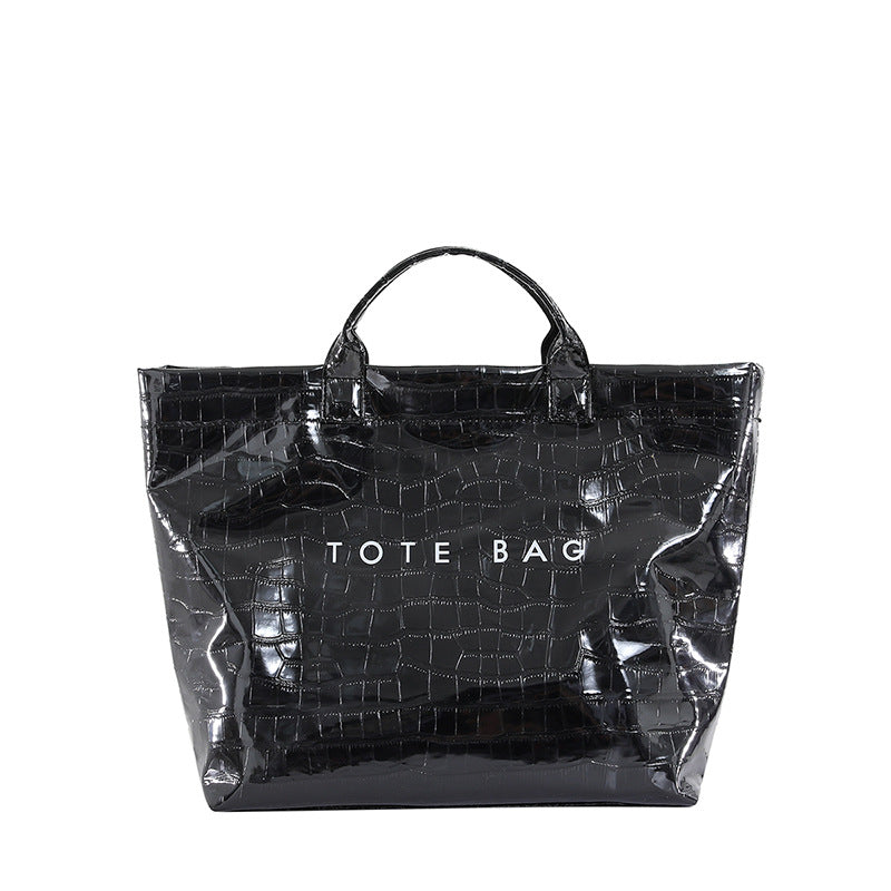 Glossy Croc-Embossed Oversized Shopper Tote - Black