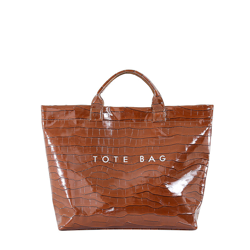 Glossy Croc-Embossed Oversized Shopper Tote - Brown
