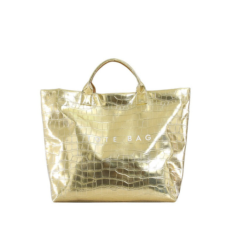 Glossy Croc-Embossed Oversized Shopper Tote - Gold