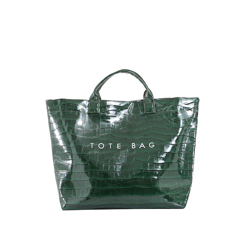 Glossy Croc-Embossed Oversized Shopper Tote - Green