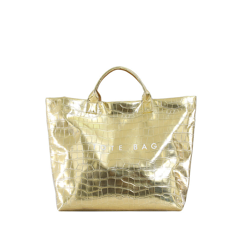 Glossy Croc-Embossed Oversized Shopper Tote - Detail