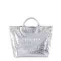 Glossy Croc-Embossed Oversized Shopper Tote - Silver