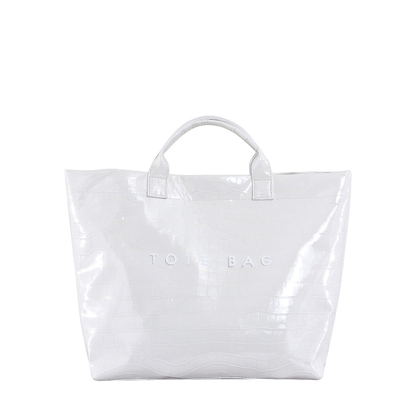 Glossy Croc-Embossed Oversized Shopper Tote - White