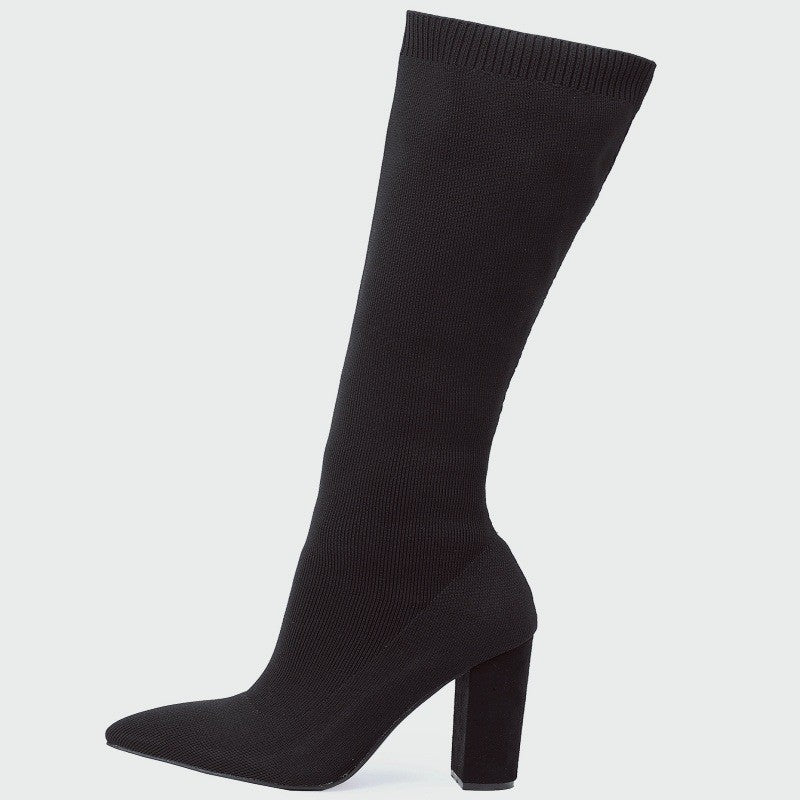 Stretch Knit Block Heel Knee High Sock Boots
