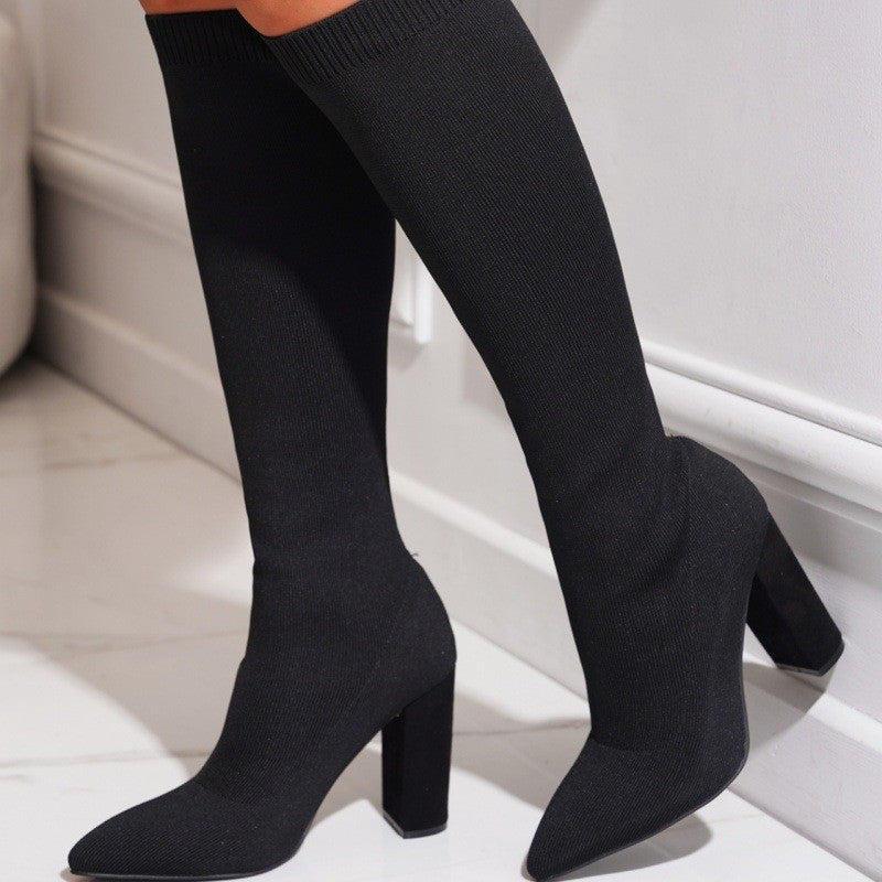 Stretch Knit Block Heel Knee High Sock Boots