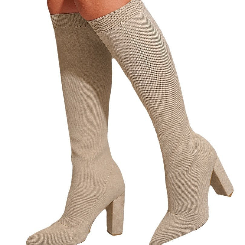 Stretch Knit Block Heel Knee High Sock Boots