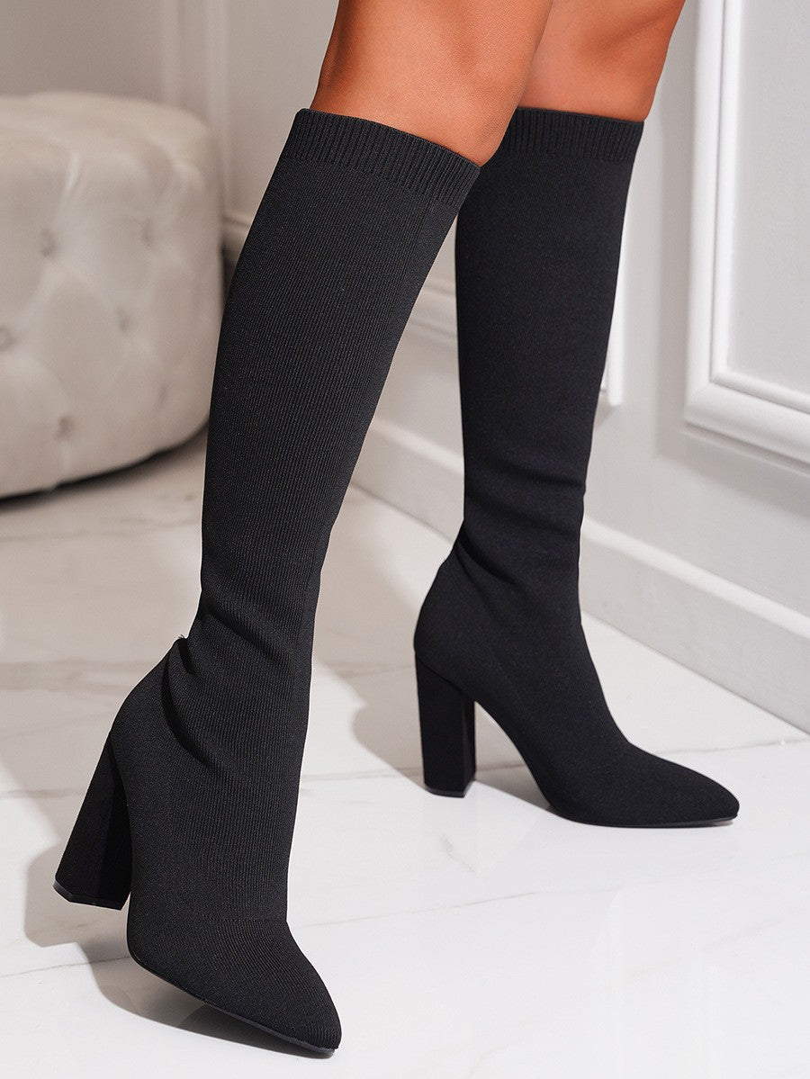 Stretch Knit Block Heel Knee High Sock Boots