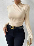 Asymmetric Draped Neck Ruched Slim Top - Beige