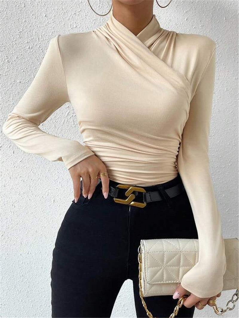 Asymmetric Draped Neck Ruched Slim Top - Beige - 1