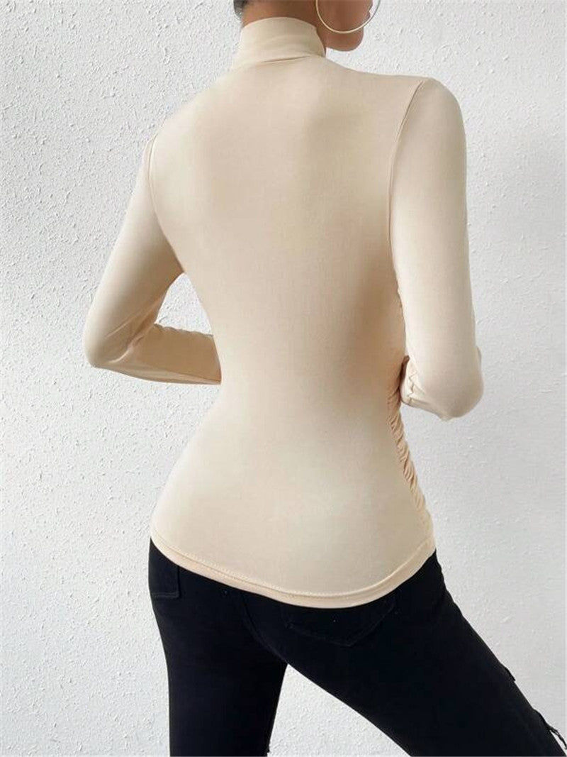 Asymmetric Draped Neck Ruched Slim Top - Beige - 2