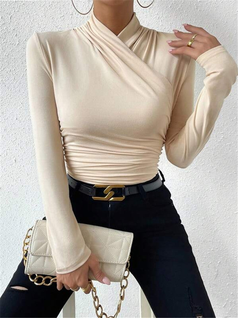 Asymmetric Draped Neck Ruched Slim Top - Beige - 3