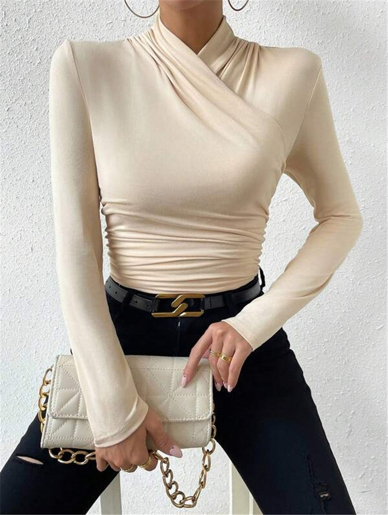 Asymmetric Draped Neck Ruched Slim Top - Beige - 4