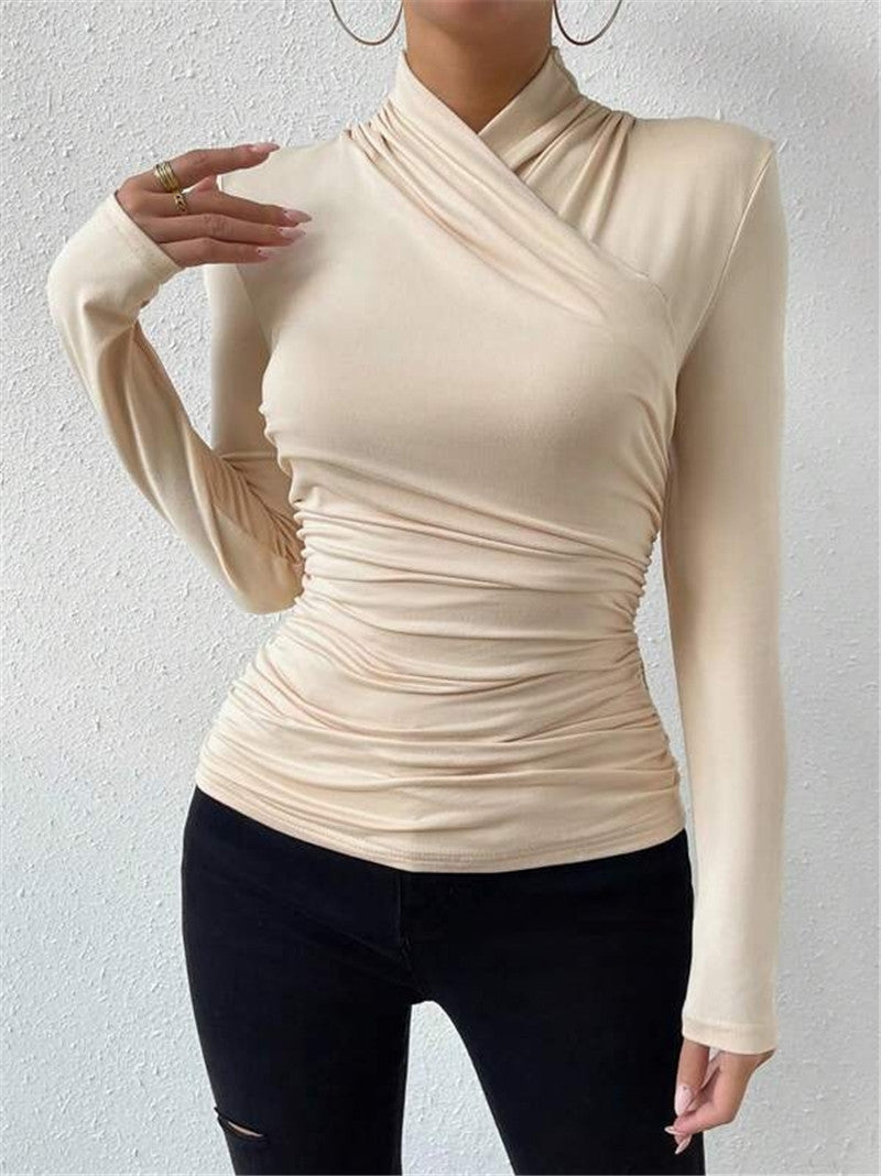 Asymmetric Draped Neck Ruched Slim Top - Beige - 5