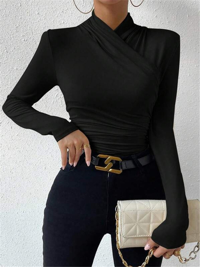 Asymmetric Draped Neck Ruched Slim Top - Black