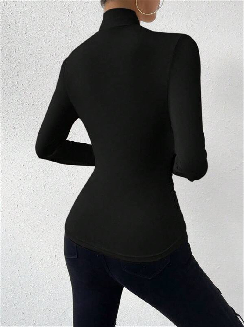 Asymmetric Draped Neck Ruched Slim Top - Black - 1