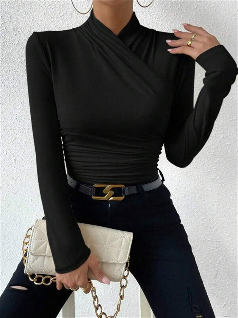 Asymmetric Draped Neck Ruched Slim Top - Black - 2