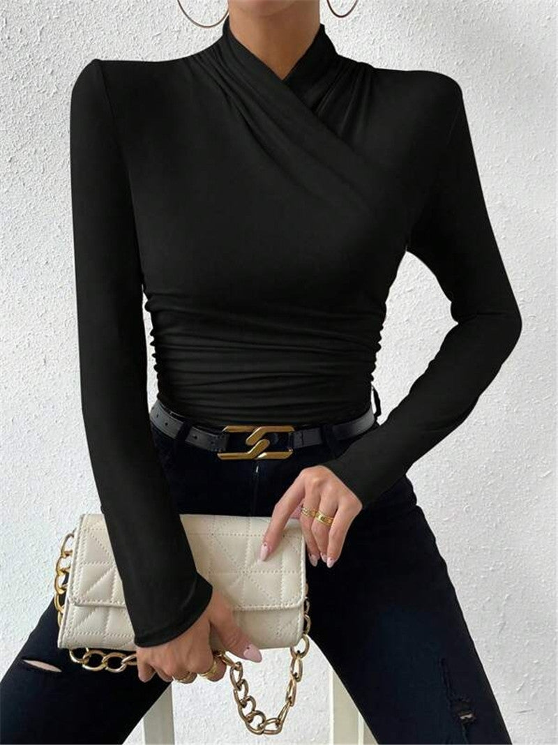 Asymmetric Draped Neck Ruched Slim Top - Black - 3