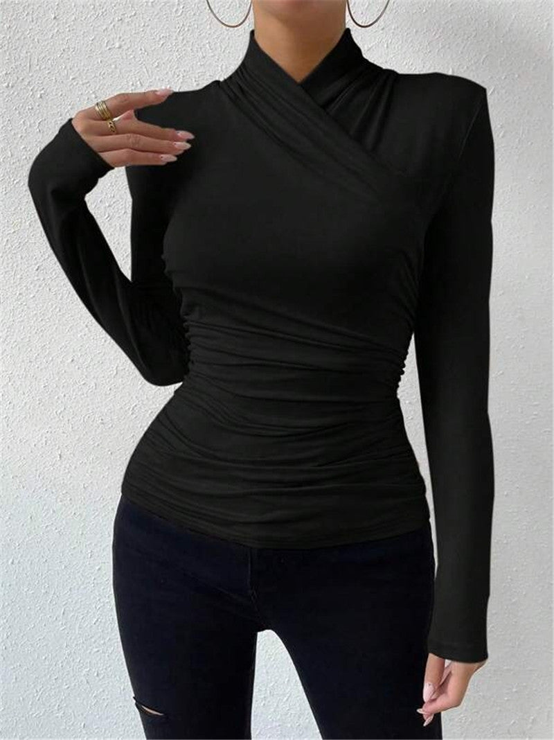 Asymmetric Draped Neck Ruched Slim Top - Black - 5