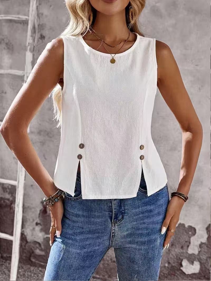 Button Trim Tank Top With Side Slits - White - 1