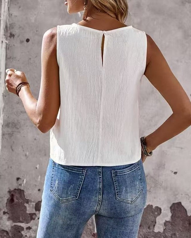 Button Trim Tank Top With Side Slits - White - 3