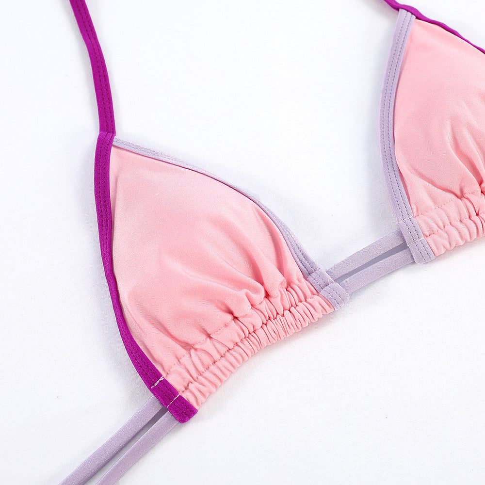 Contrast Trim Tie Side String Bikini Set - Pink - 7
