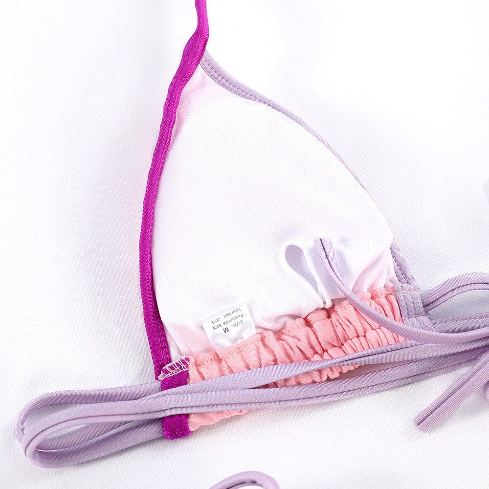 Contrast Trim Tie Side String Bikini Set - Pink - 8