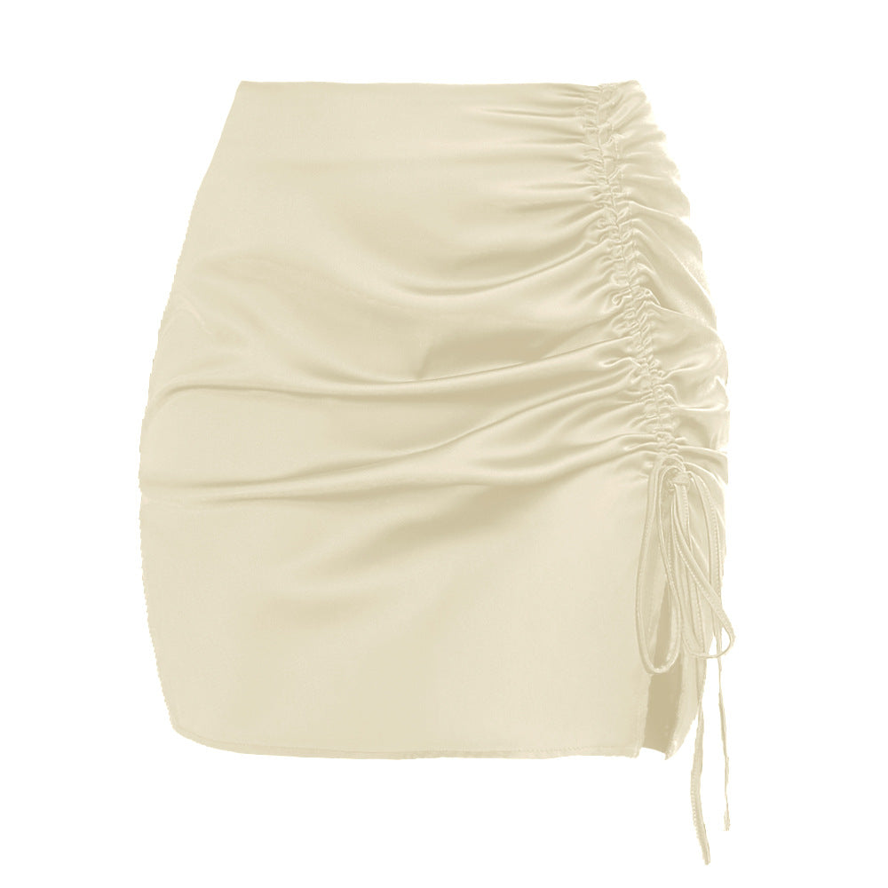 Ruched Drawstring Satin Mini Skirt - Beige