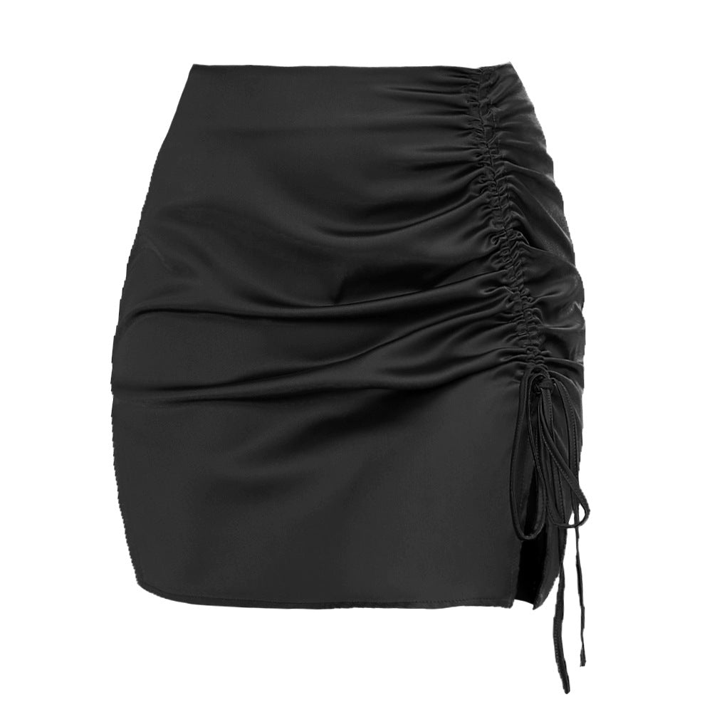 Ruched Drawstring Satin Mini Skirt - Black