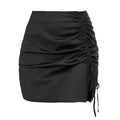 Ruched Drawstring Satin Mini Skirt - Black