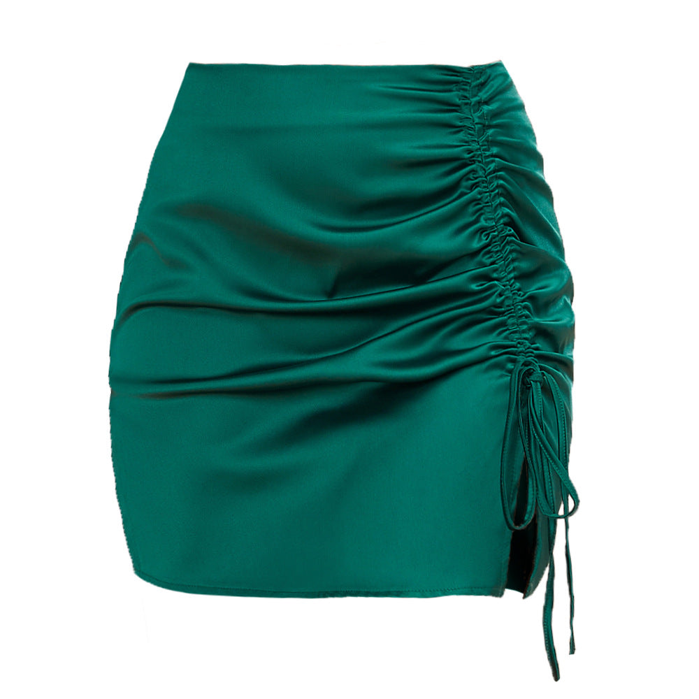 Ruched Drawstring Satin Mini Skirt - Green