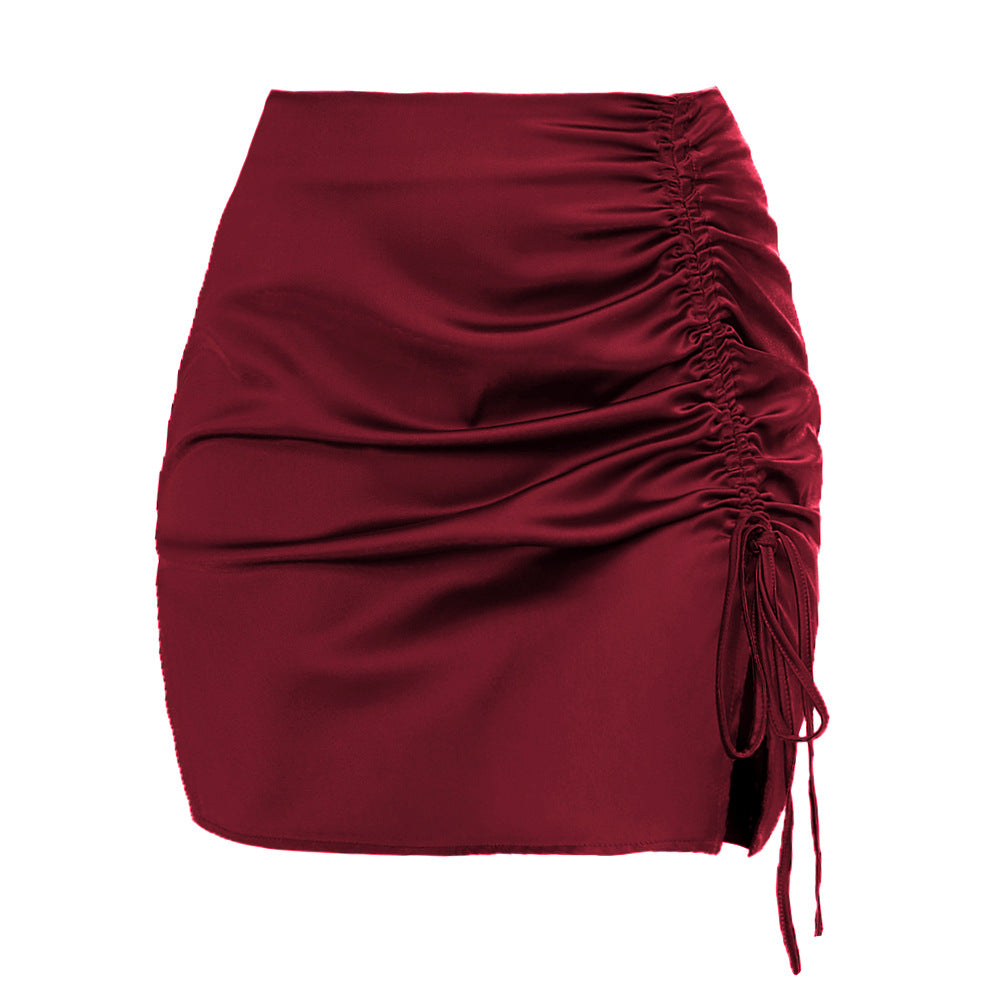 Ruched Drawstring Satin Mini Skirt - Winered