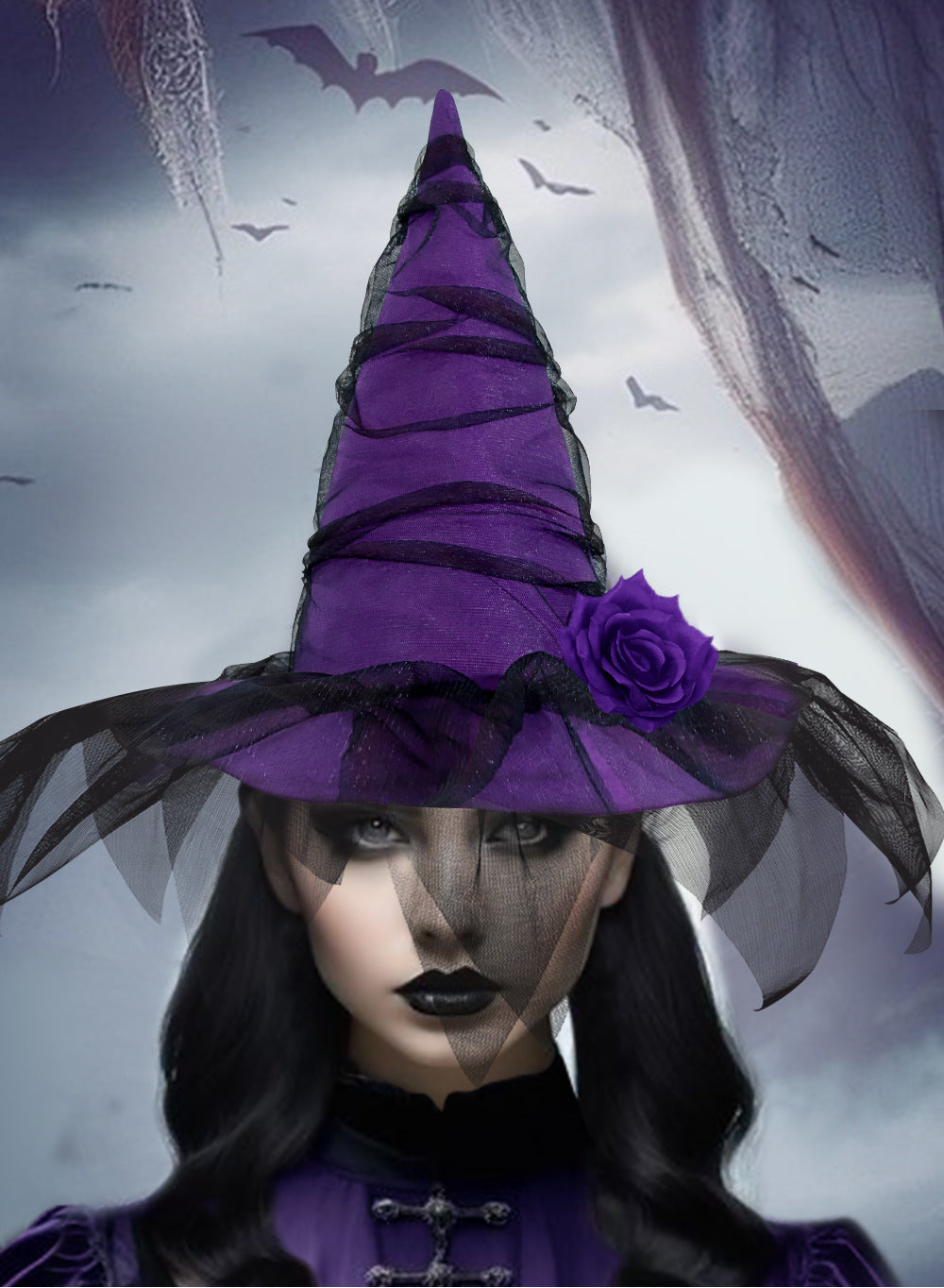 Rose Trim Mesh Veil Witch Hat - Purple