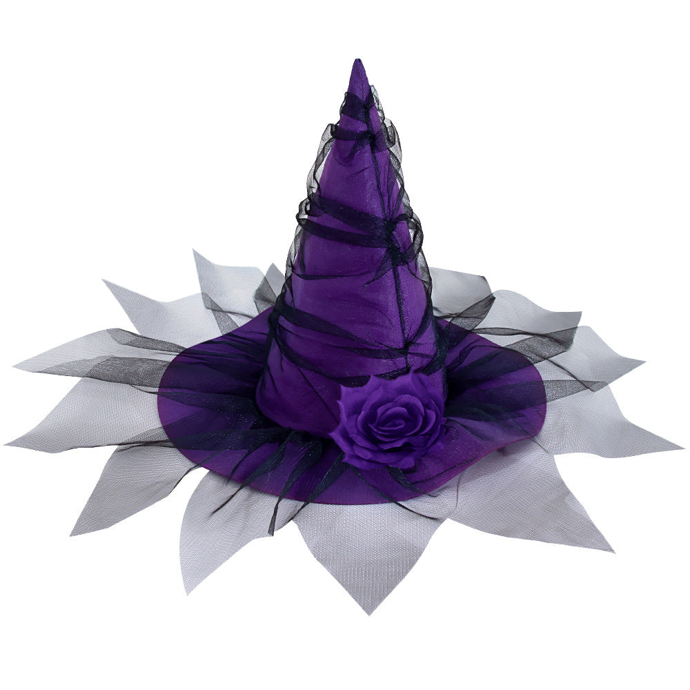 Rose Trim Mesh Veil Witch Hat - Purple - 1