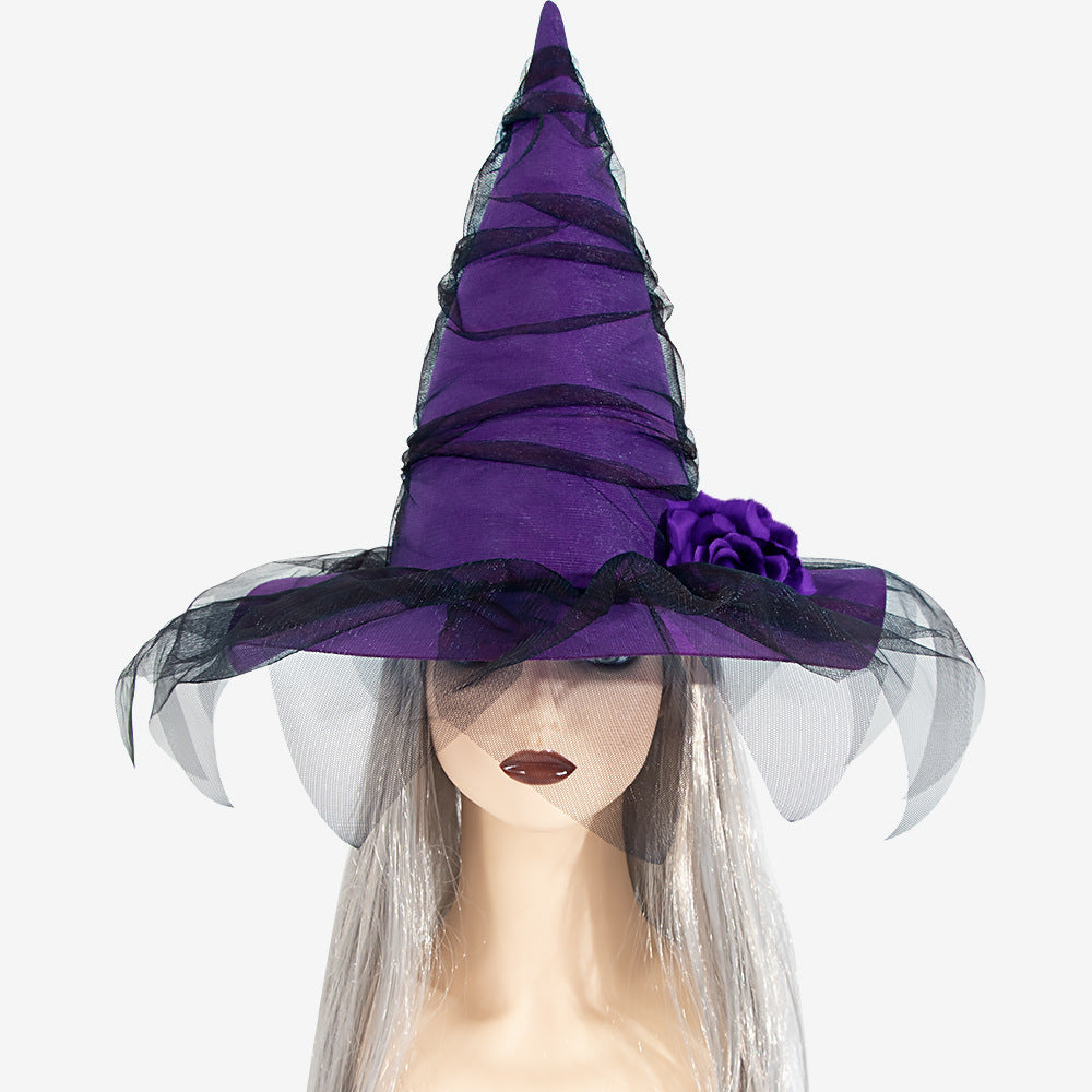 Rose Trim Mesh Veil Witch Hat - Purple - 2