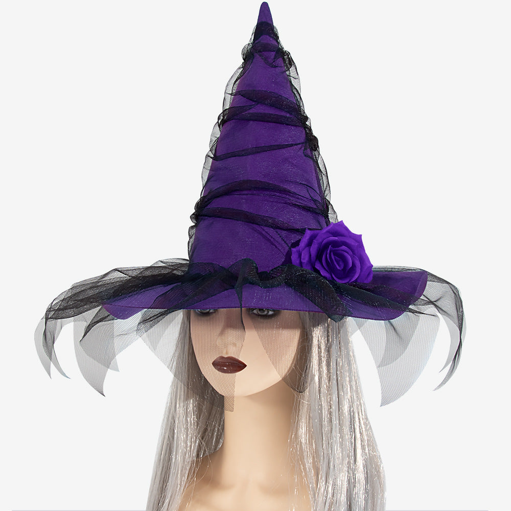 Rose Trim Mesh Veil Witch Hat - Purple - 3
