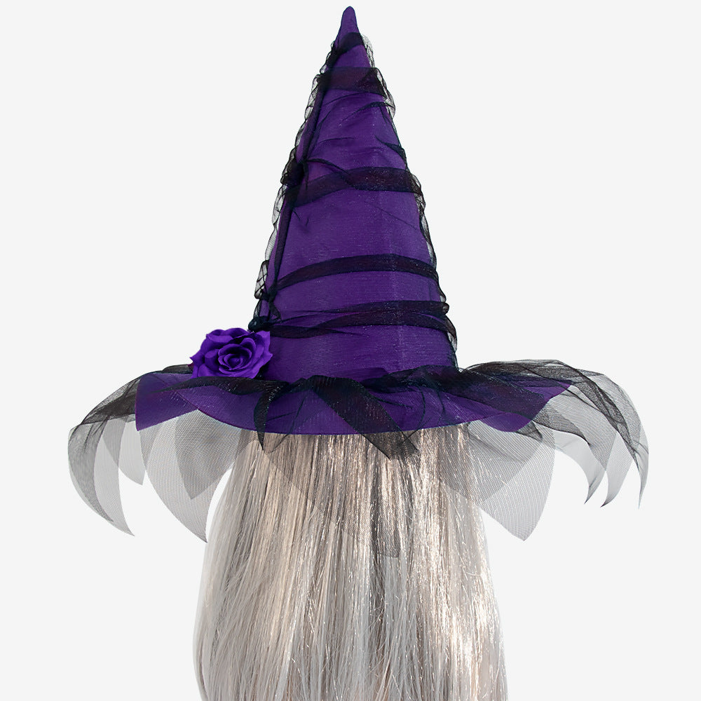 Rose Trim Mesh Veil Witch Hat - Purple - 4