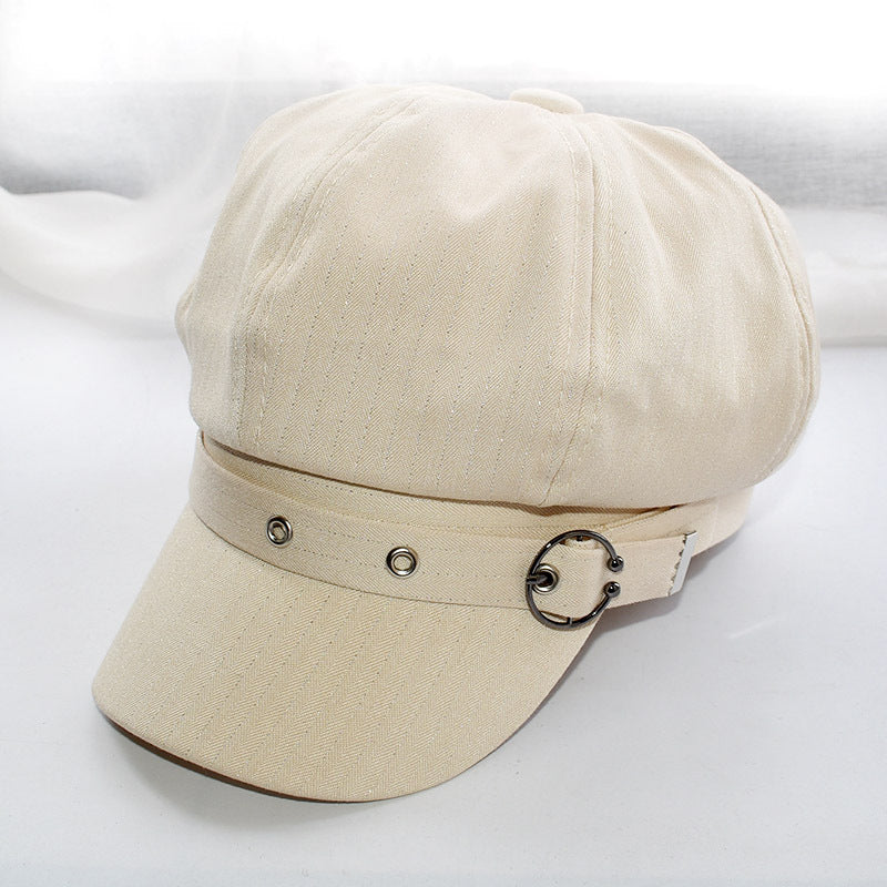 Buckle Strap Brimmed Beret Cap - Beige