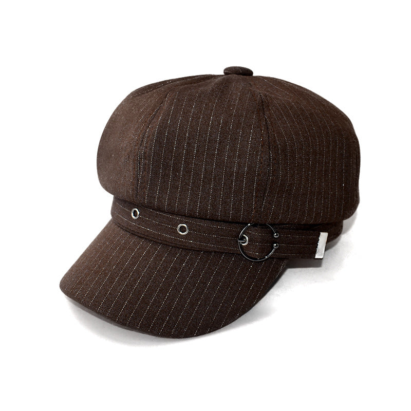 Buckle Strap Brimmed Beret Cap - Coffee